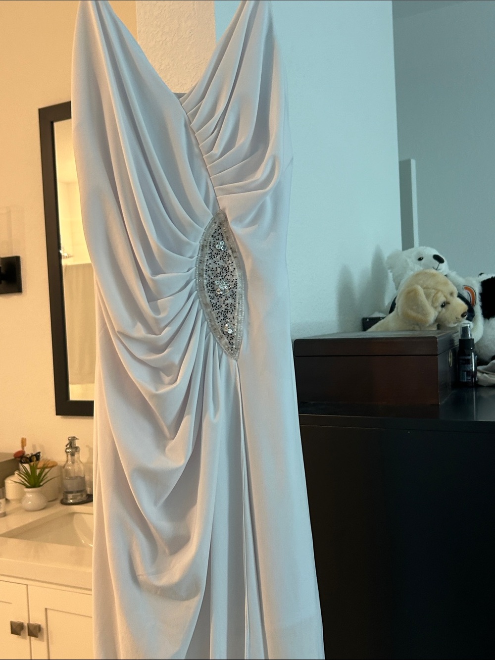 Ivory High-Low Draped Evening Dress with Rhinestone Detail